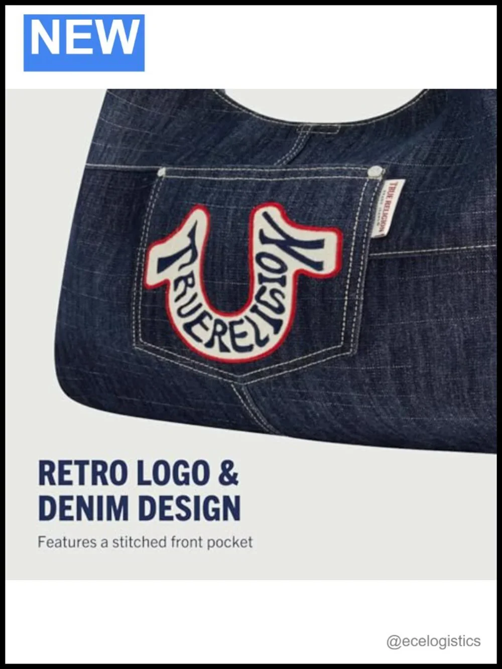 Retro Denim Hobo Bag, Patchwork Design with Horseshoe Logo